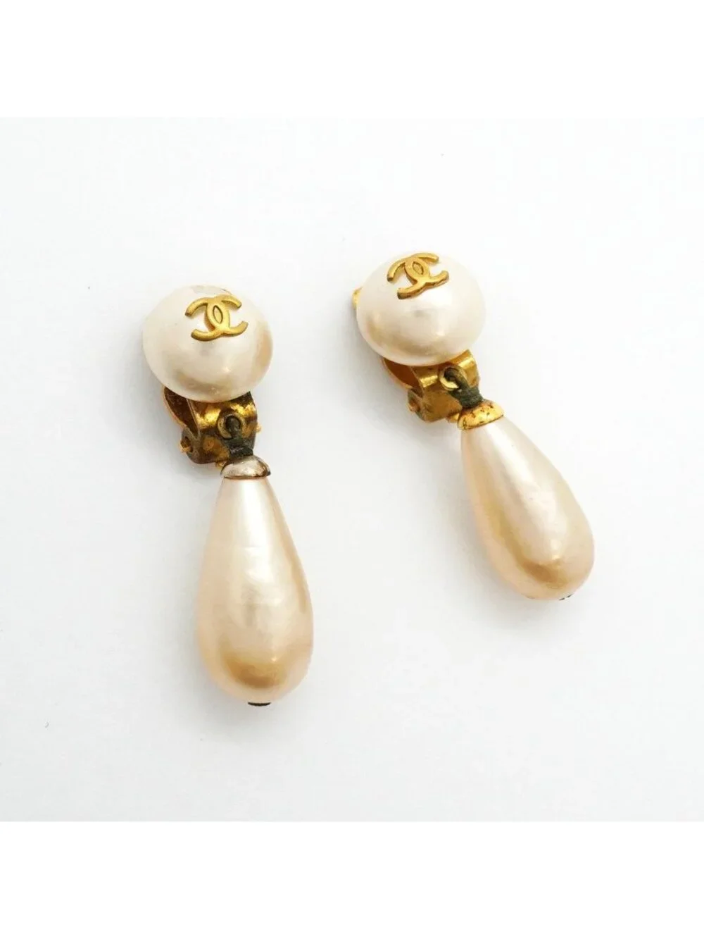 Chanel Earrings Vintage CC Logo Gold Plated Faux Pearl